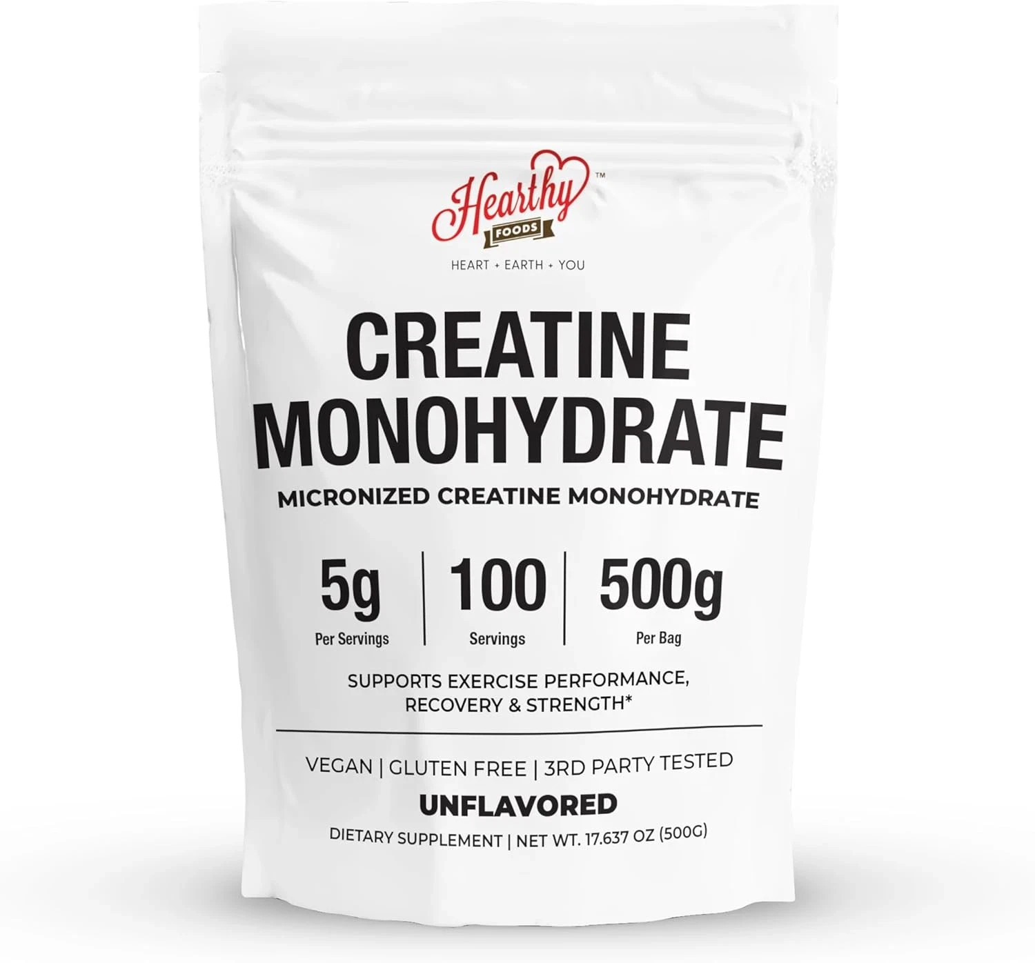 HEARTHY FOODS Creatine Monohydrate Micronized Powder 500G – 100 Servings, 5000mg