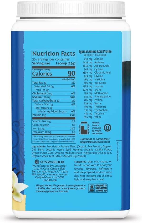 Sunwarrior Warrior Protein Powder 1.65 lbs Organic Vegan w/ BCAAs Vanilla Flavor