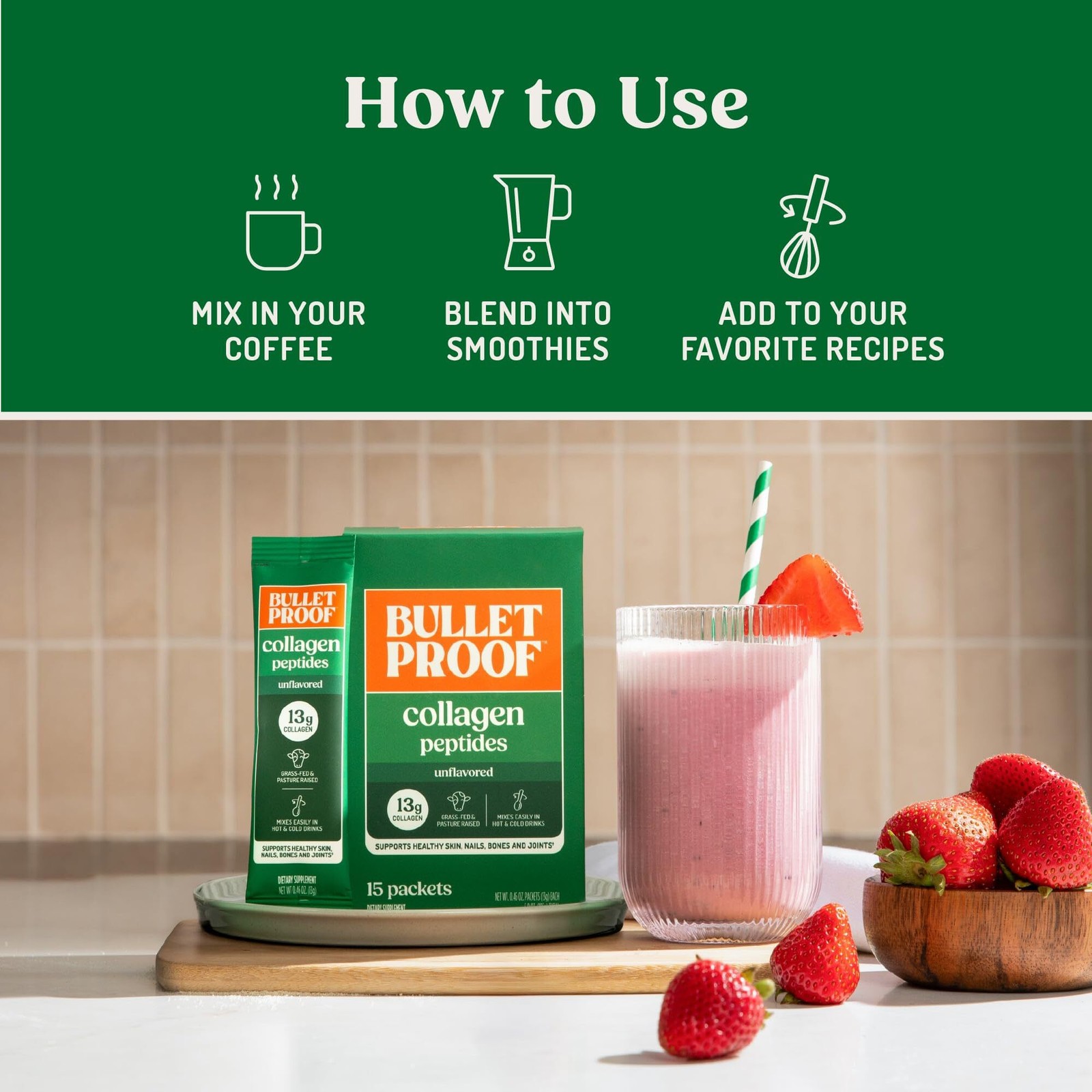 1/27 Bulletproof Unflavored Grass-Fed Collagen Peptides Powder Packets with Amin
