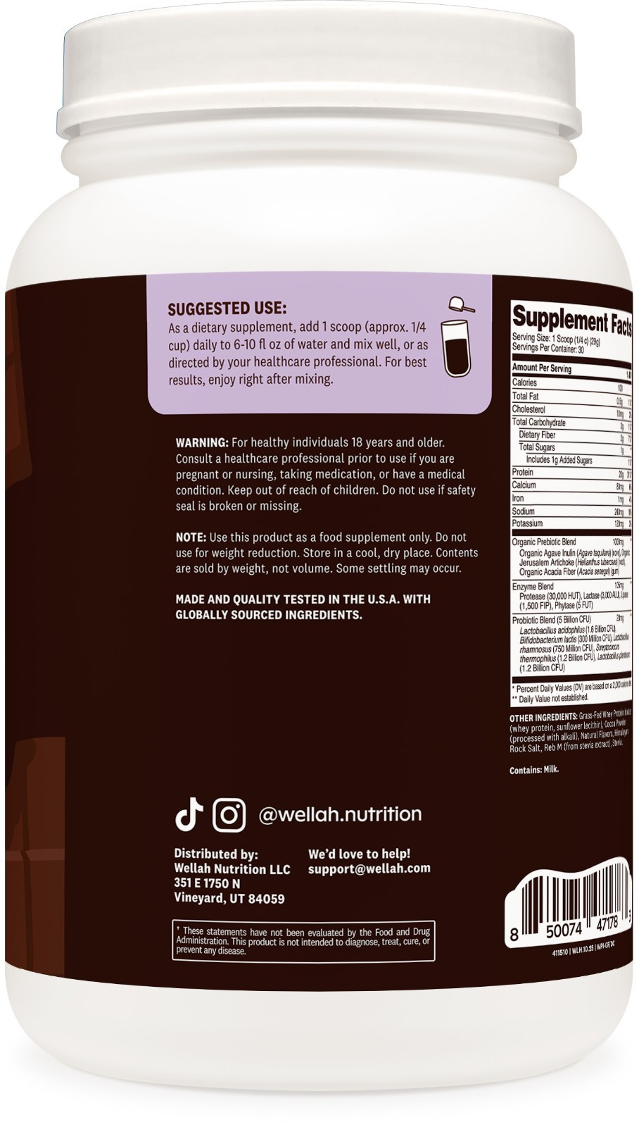 Wellah Grass-Fed Whey Protein Isolate Powder (Dark Chocolate) 30 Servings