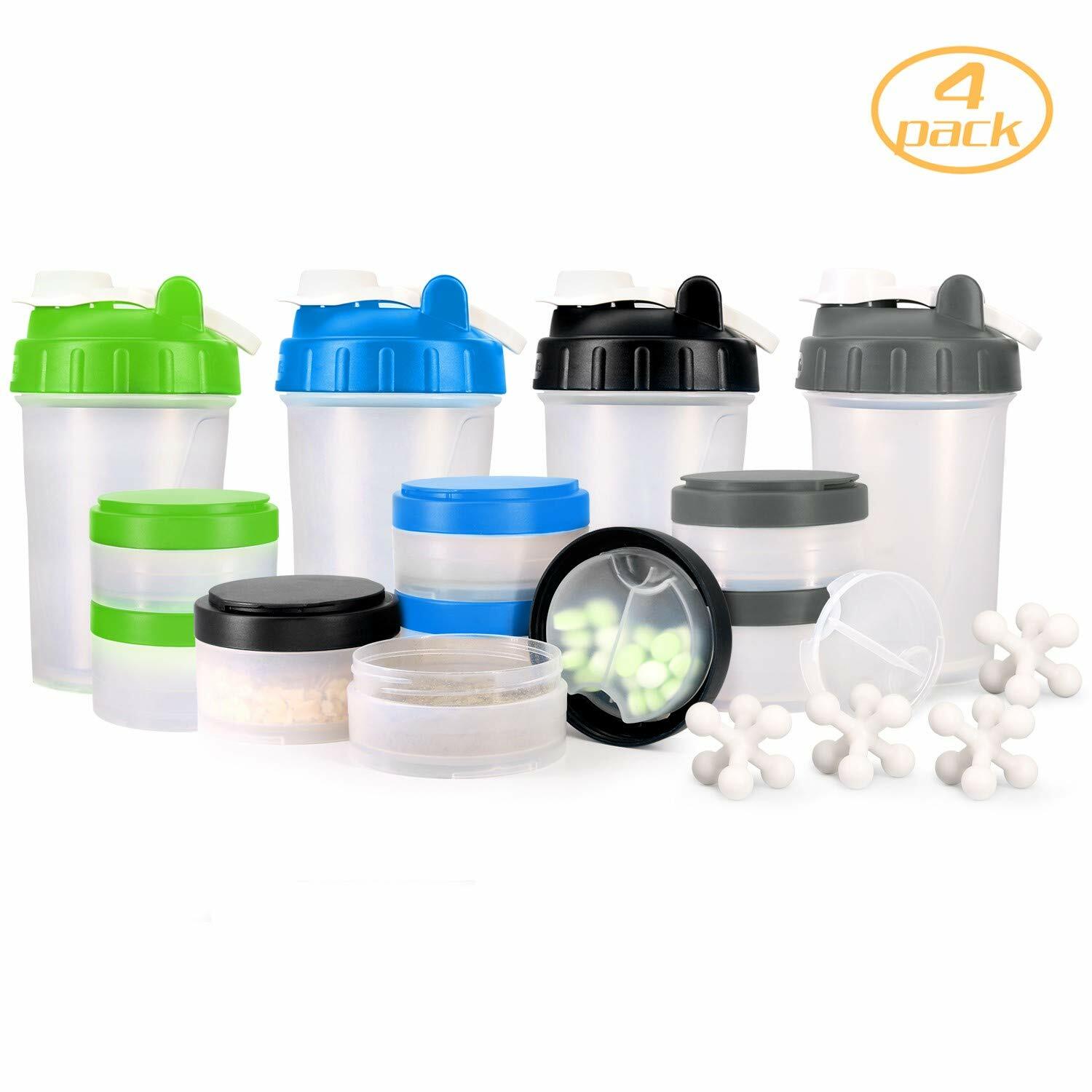 Hydro2Go 16 OZ Protein Shaker Bottle with Mixer Ball and 2 Interlocking Storage