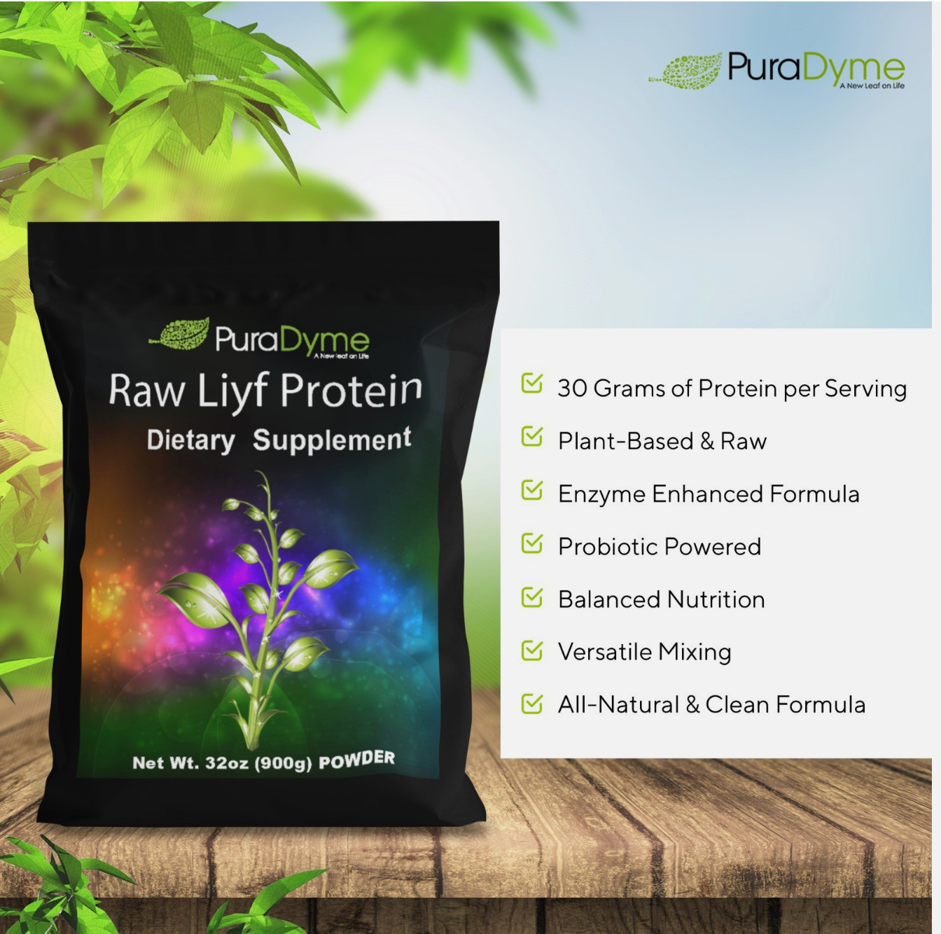 Puradyme Raw Liyf Protein Powder – Vegan Plant-Based | Enzyme Enhanced | 32oz