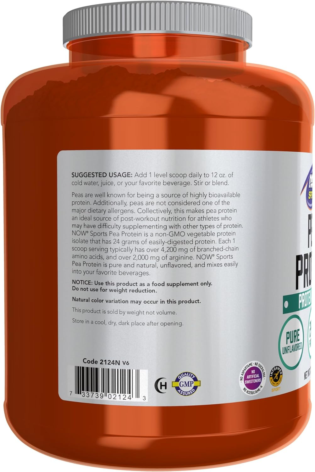 NOW Sports Pea Protein Powder 24 G Protein, Pure, Fast Absorbing, Unflavored