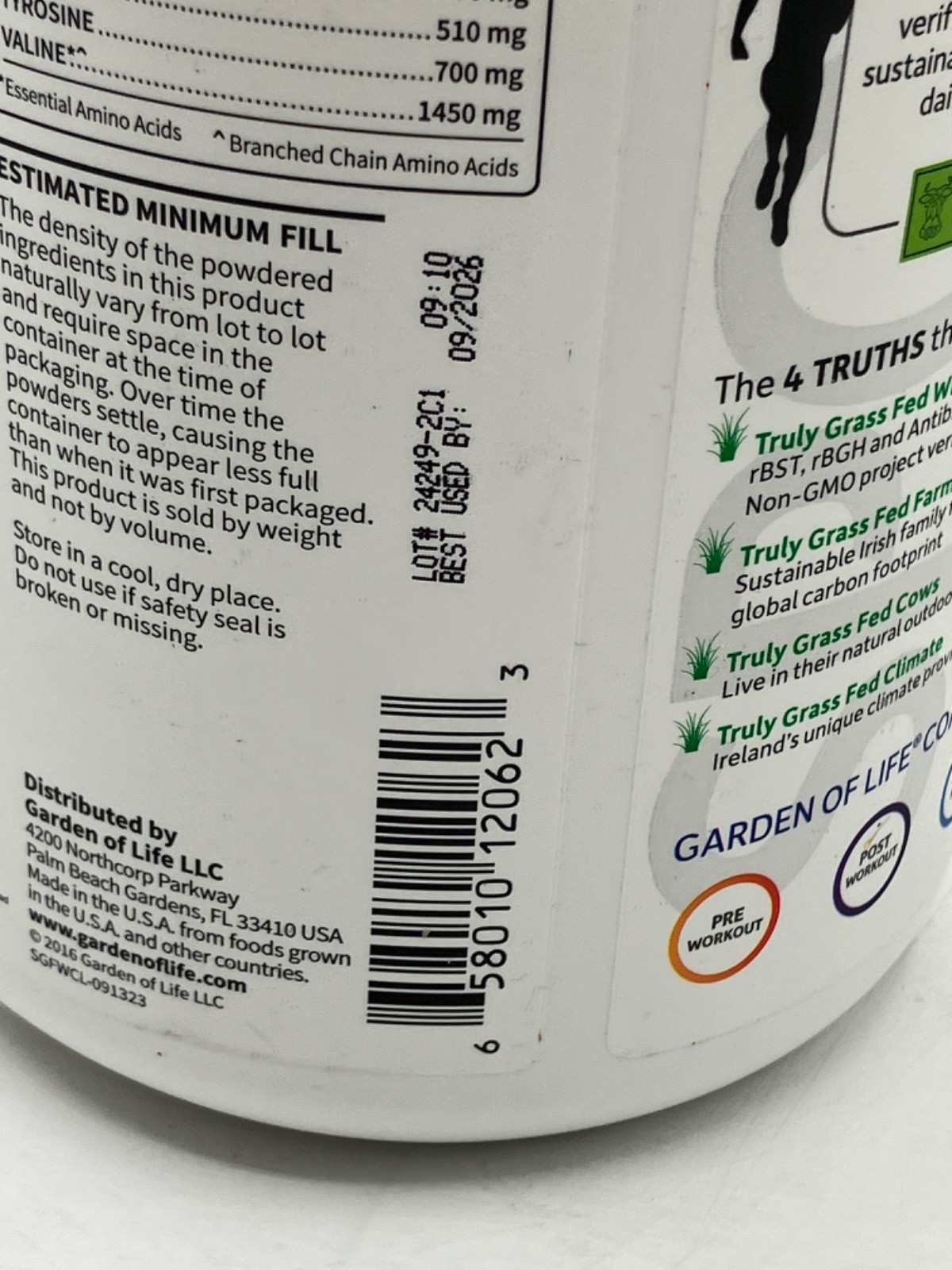 Garden of Life Sport Grass Fed Whey Protein Chocolate Certified Organic 24.3oz