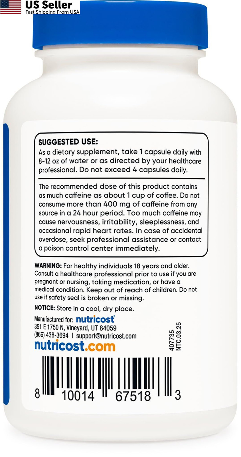 Nutricost Caffeine Pills 100mg Per Serving, 250 Capsules 250 Count (Pack of 1)