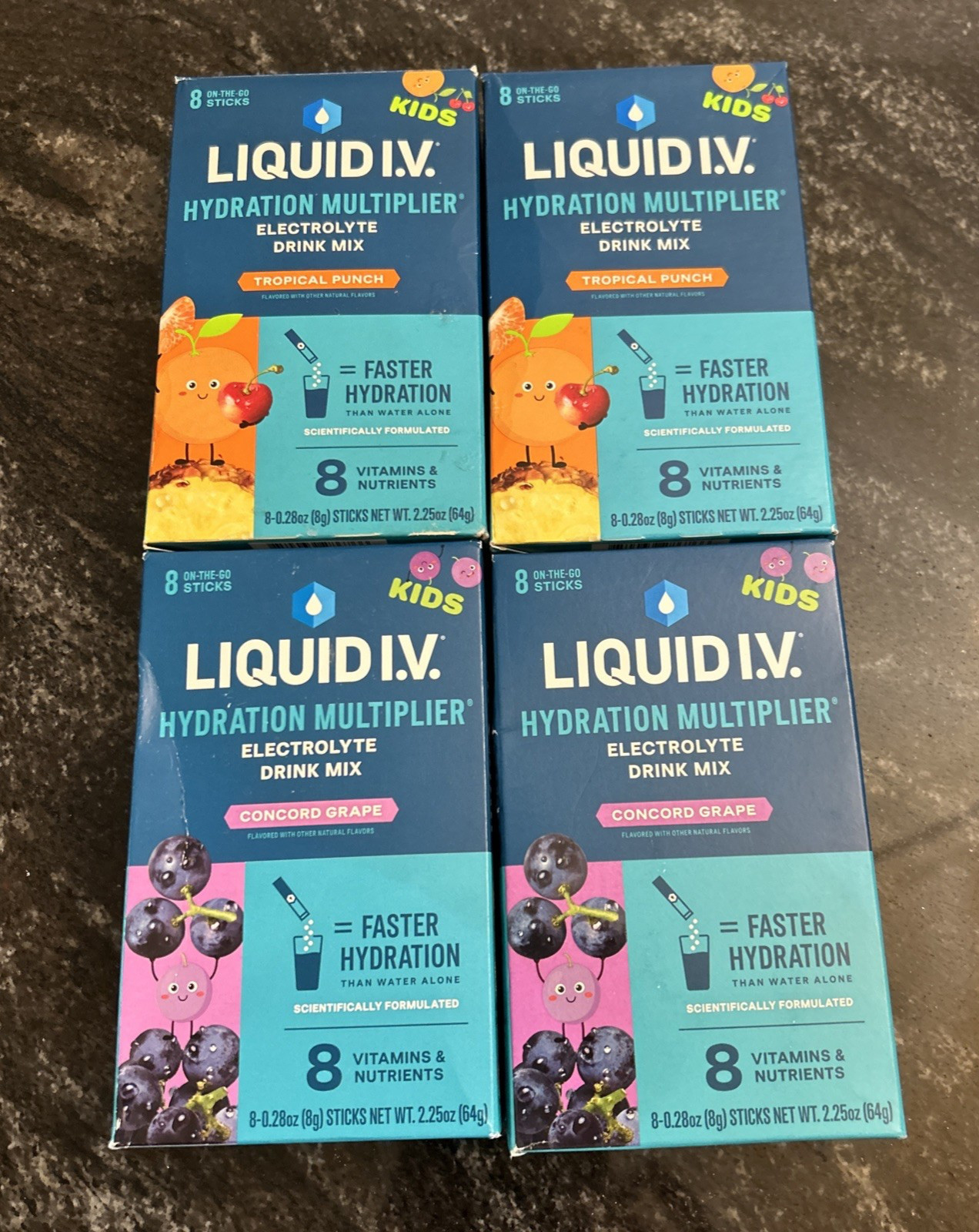 4 Pk- LIQUID IV Concord Grape Tropical Punch Kids Hydration Mix 11/26+