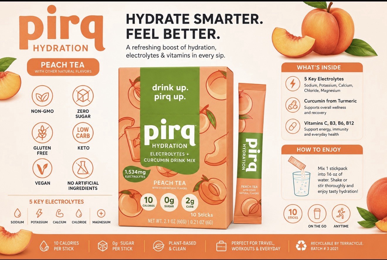 Pirq Hydration Electrolyte Powder + Curcumin, Peach Tea, 10ct 2.1oz 08/2027