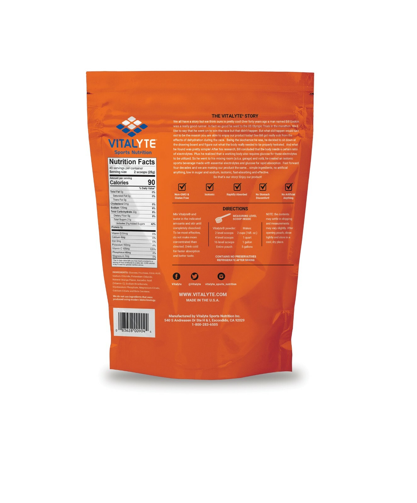 Vitalyte Electrolyte Powder, 35 oz, 40 Servings Per Container – Orange