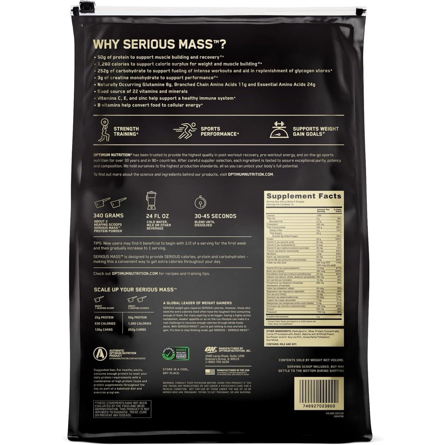 Optimum Nutrition Serious Mass Weight Gainer Protein Powder – Chocolate, 12 lb