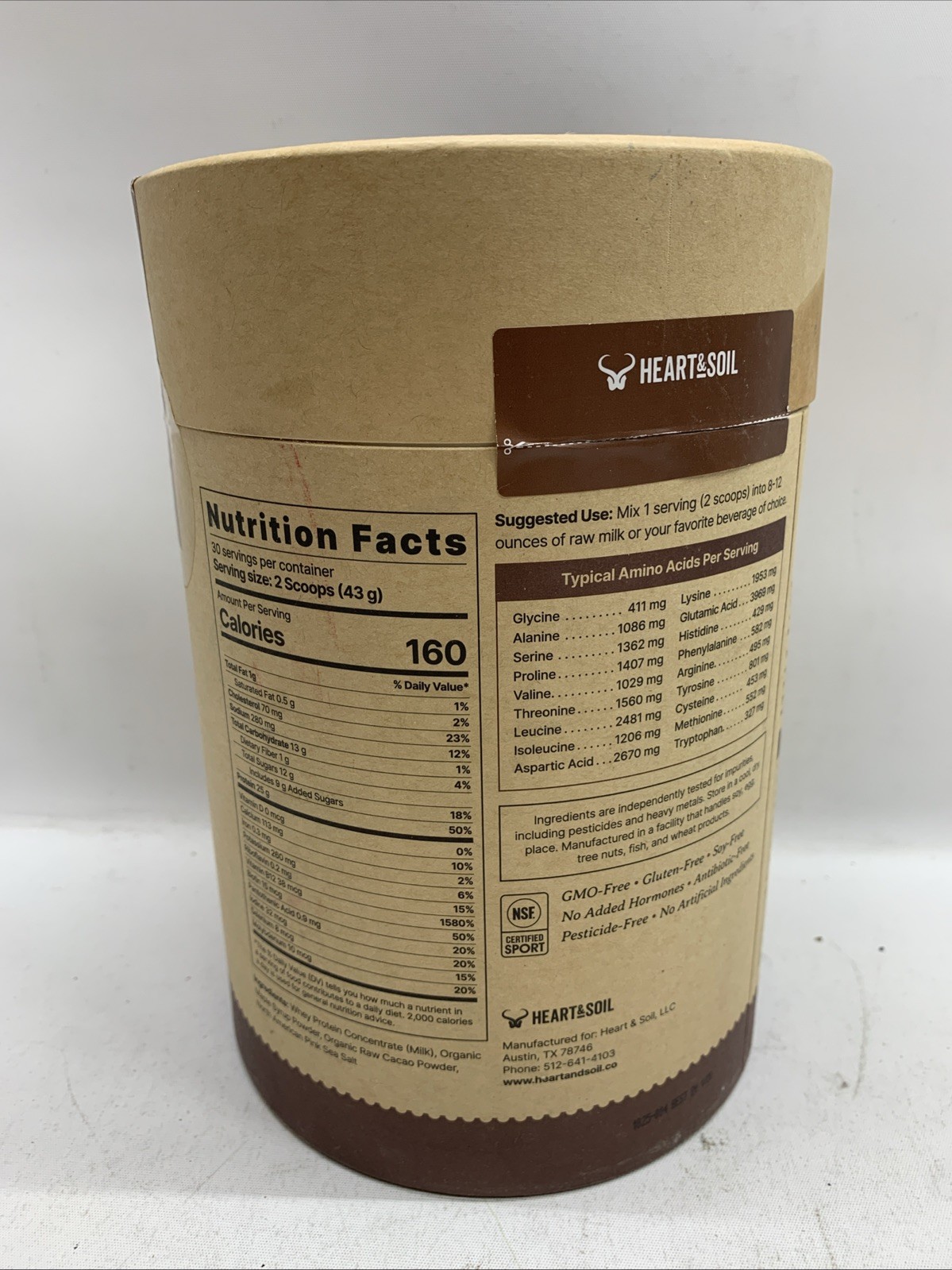 HEART & SOIL 100% Grass Fed Whey Chocolate Sea Salt Protein Powder Workout Recov