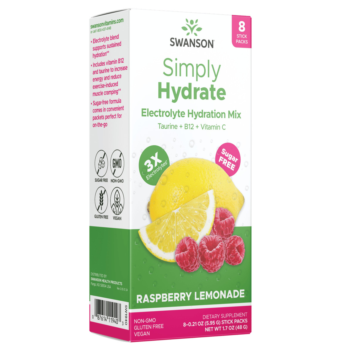 Swanson Simply Hydrate Electrolyte Hydration Mix – Raspberry Lemonade 8 Pkts