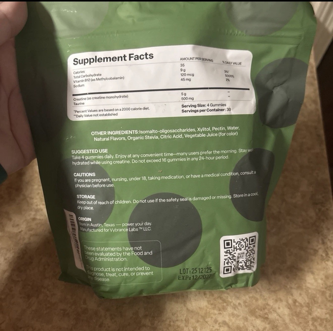 Vybrance Labs Creatine Monohydrate Gummies Green Apple 120 Gummies 30 Servings