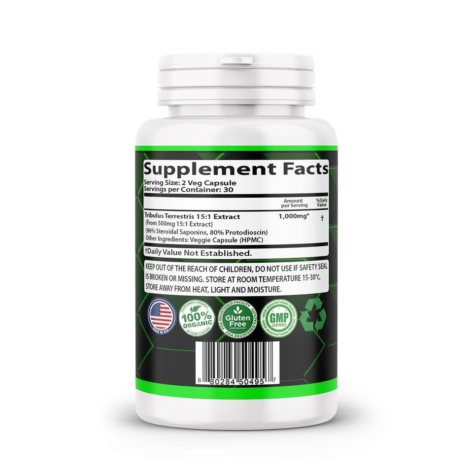 Tribulus Terrestris 15:1 Extract 1000mg, 120 Capsules, 60 Servings, Non-GMO