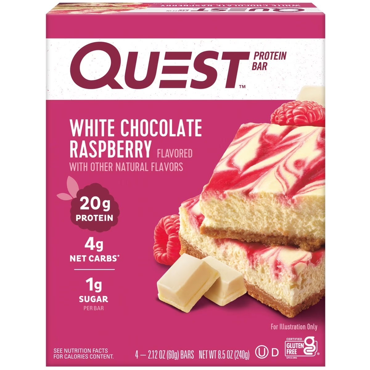 Quest Protein Bar White Chocolate Raspberry 20g Protein, 4 Ct