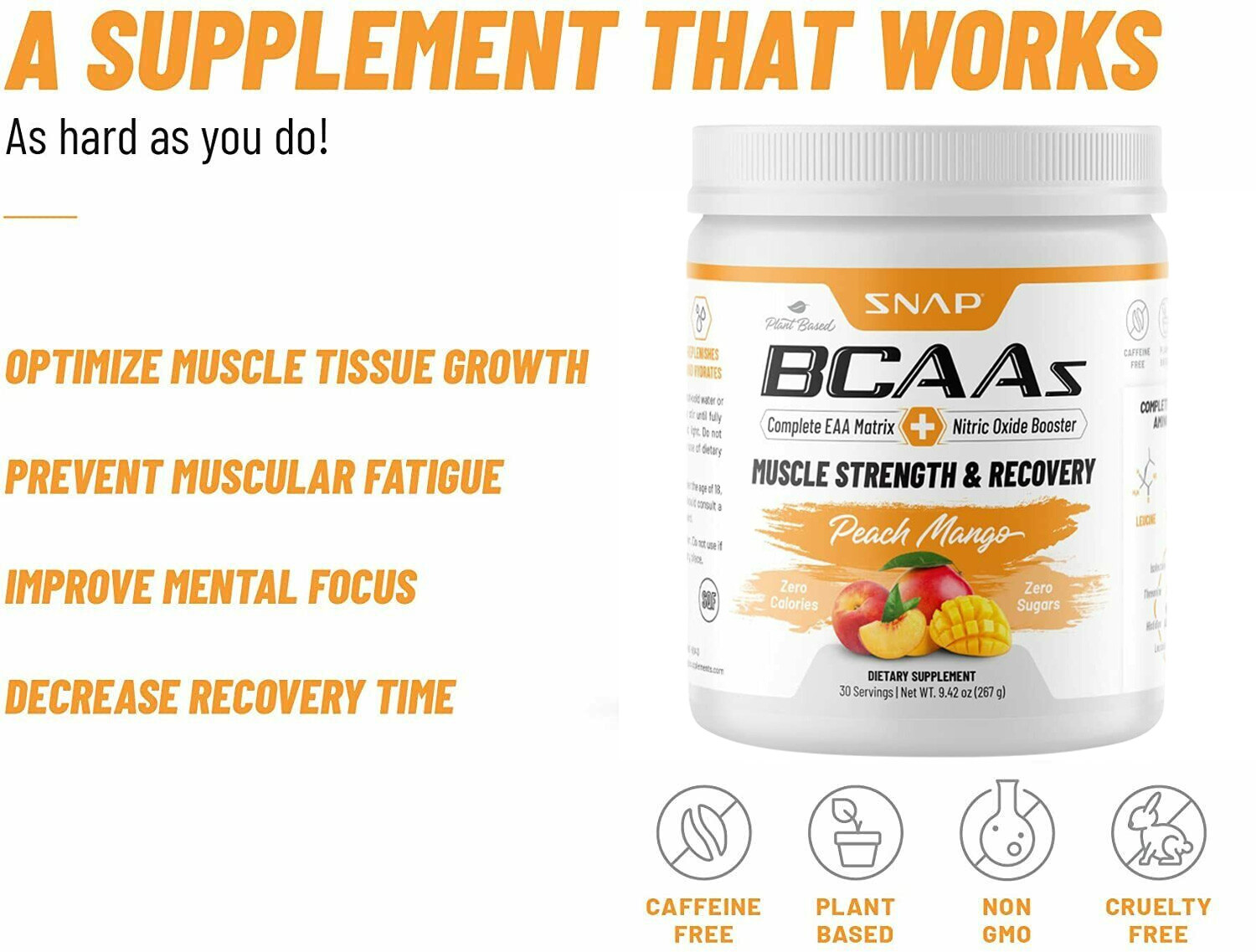 Snap Supplements Peach Mango BCAA Powder – Amino Energy – 2 Pack