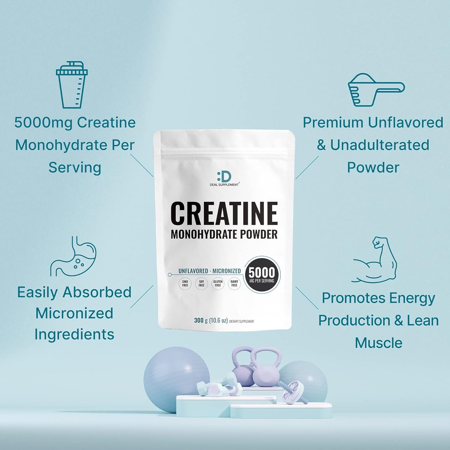 Instant Creatine Monohydrate Powder, 5g Per Serving – 60 Servings (Pack of 1)