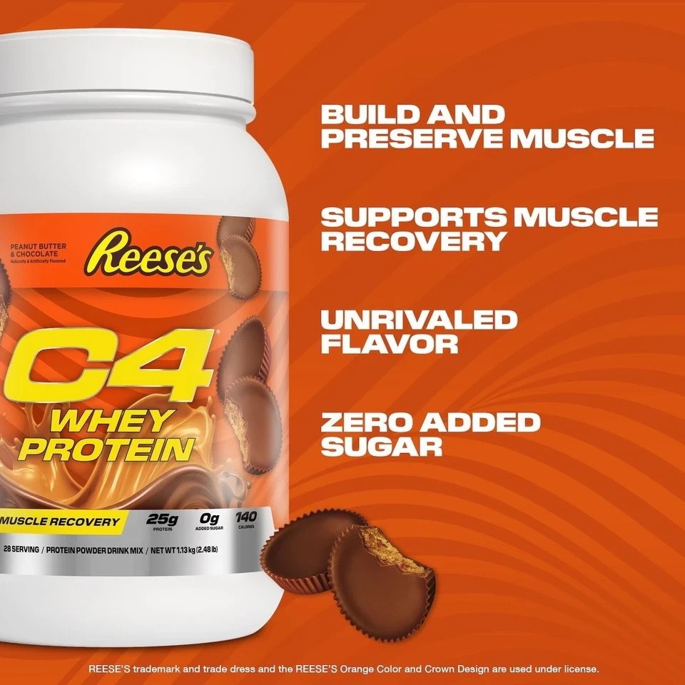 C4 Whey Protein Powder, Reese’s Peanut Butter Cup Flavor, 25g of Protein