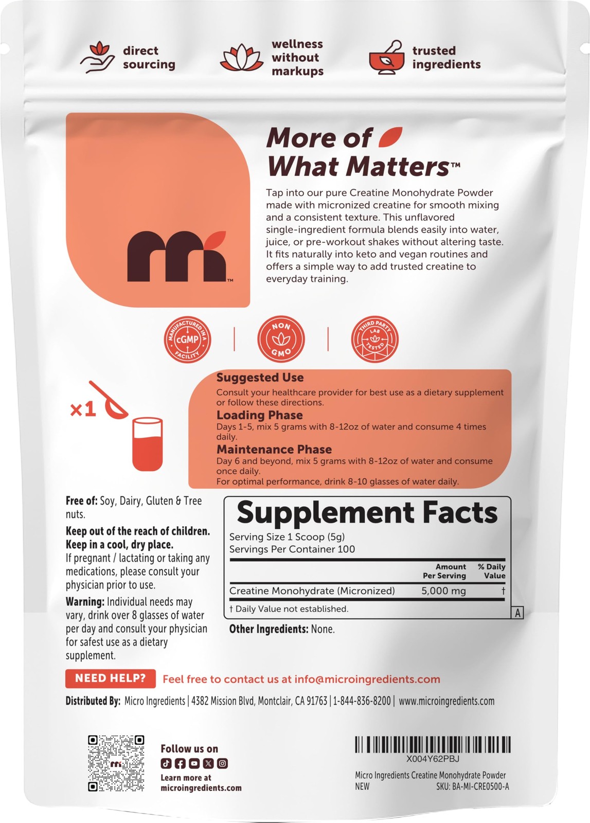 Creatine Monohydrate 500 Grams (1.1 Lb), 5000mg Per Serving, Micronized Creat…