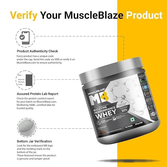 MuscleBlaze Biozyme Performance Whey Protein Powder, Rich Chocolate (500g / 1.1l