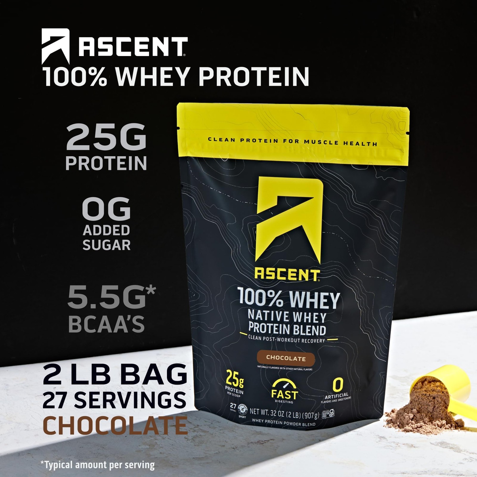 Ascent 100% Whey Protein Powder – Post Workout 2 Pound (Pack of 1), Black