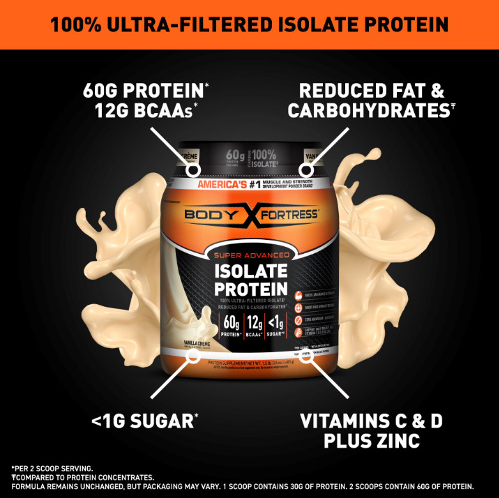 Body Fortress Super Advanced 100% Ultra-filtered Isolate Protein Powder, Vanilla