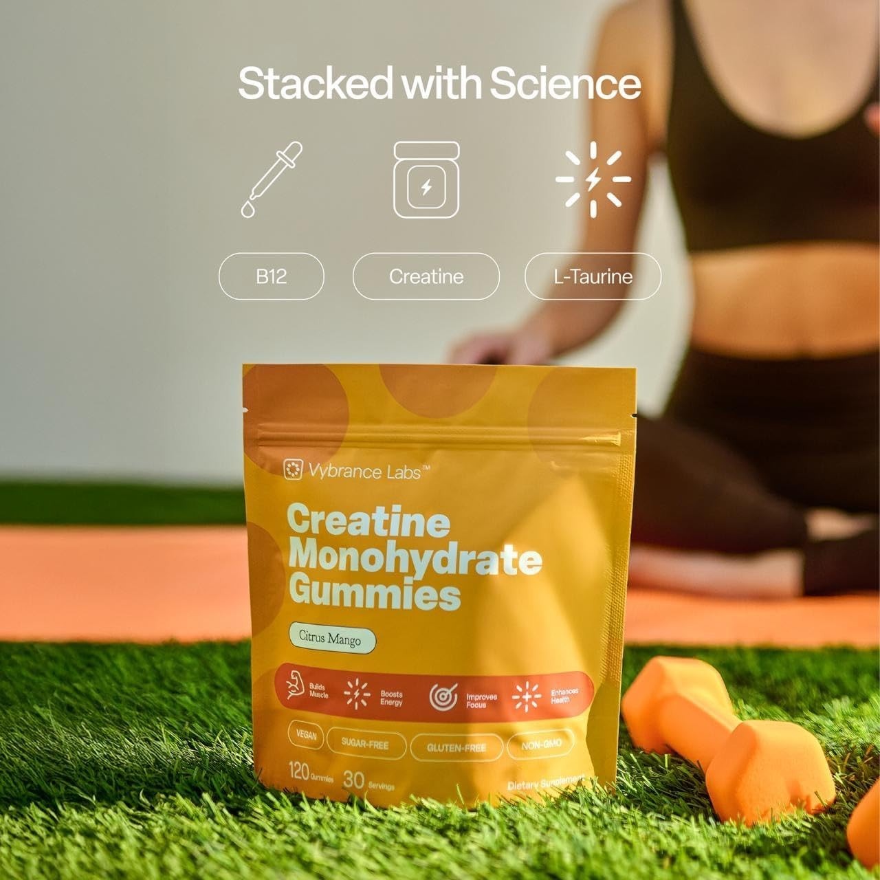 VYBRANCE LABS Creatine Gummies 5g Monohydrate Taurine B12 Vegan Citrus Mango