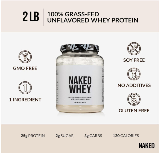 NAKED Whey Protein Powder Grass Fed Unflavored 2 lb 1 Ingredient Gluten Free