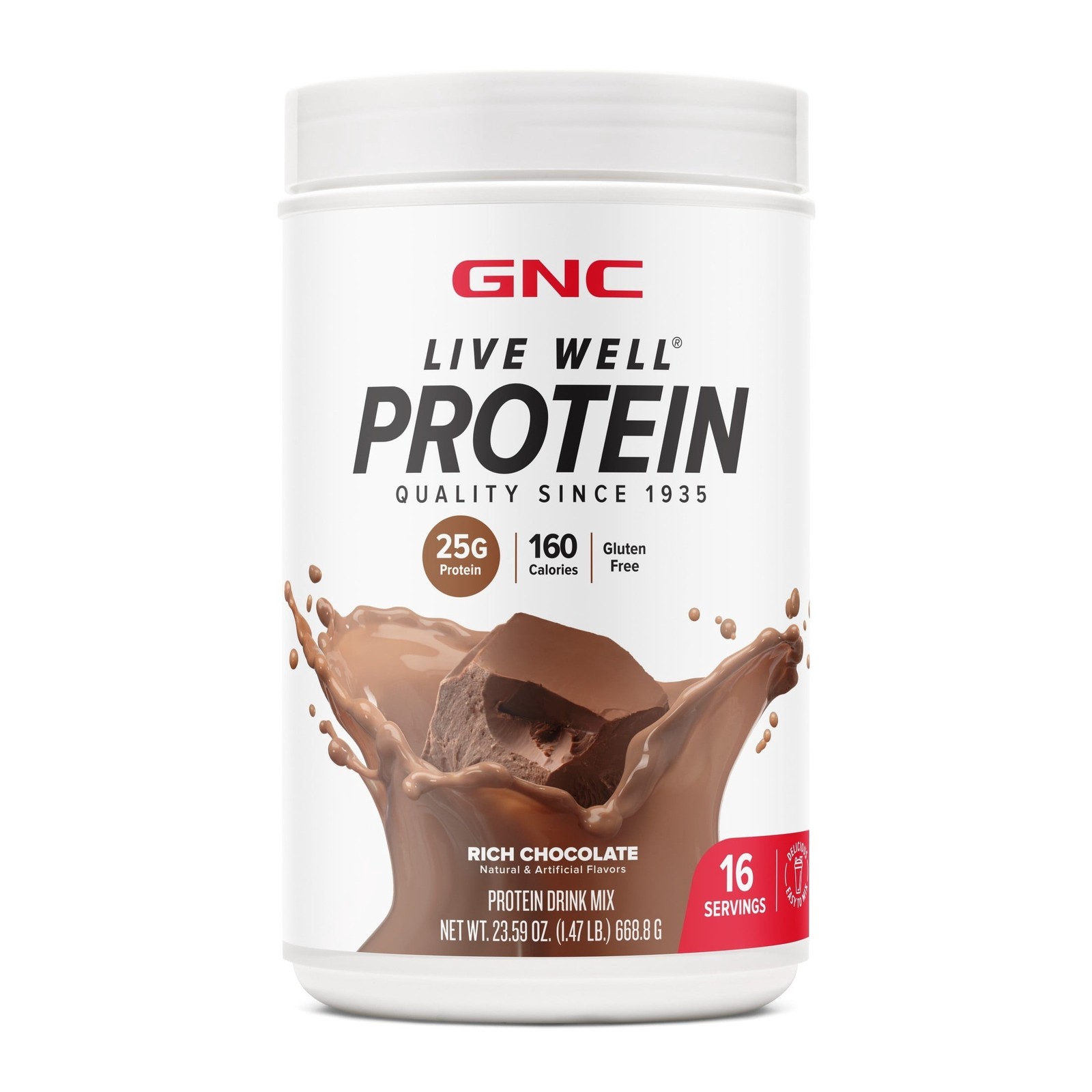 GNC Live Well Protein Powder, 25g Whey Protein, Rich Chocolate, Gluten Free, No
