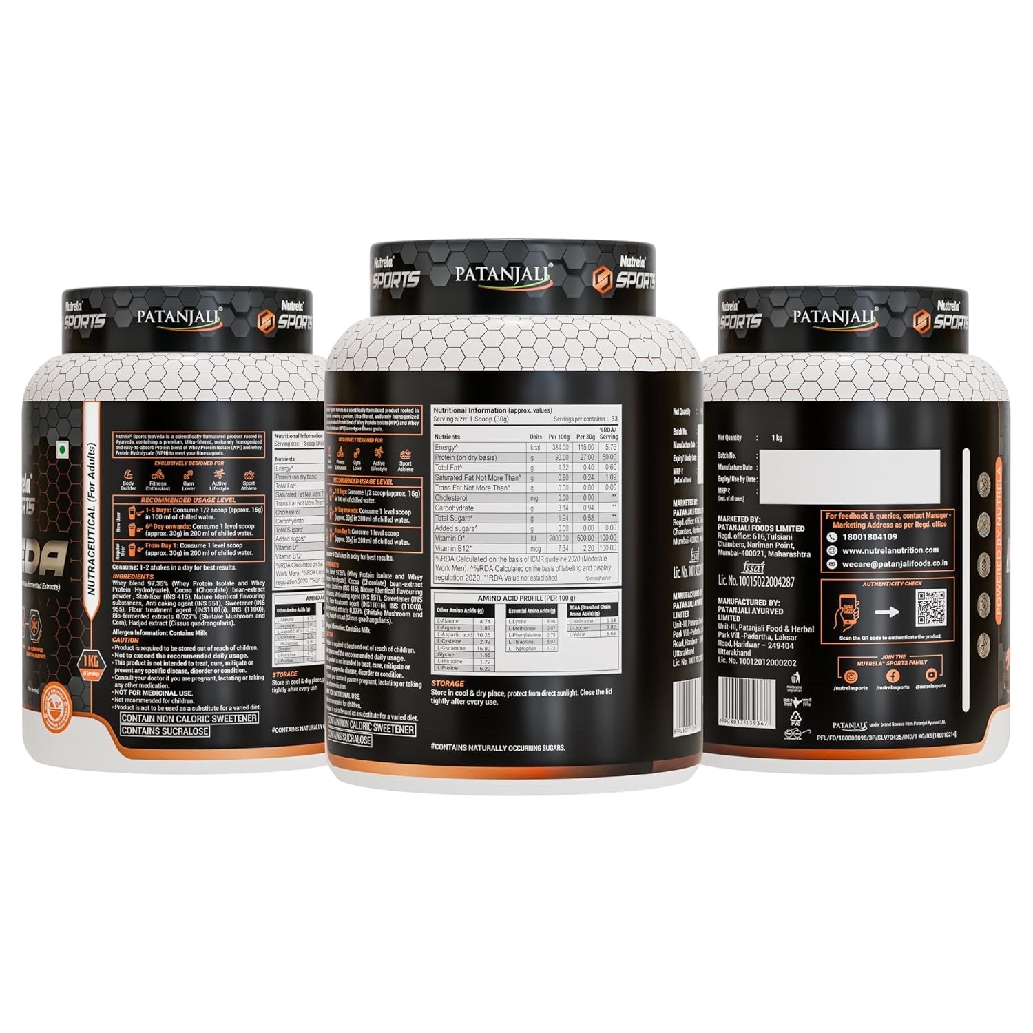 NUTRELA Sports Patanjali Whey Protein Isolate 1kg | 27g Protein Per Scoop | 7.5g