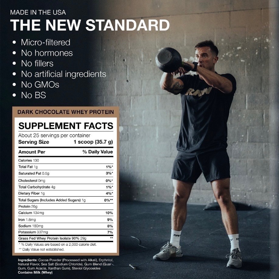RAW 25g Grass Fed Whey Isolate Protein Powder Dark Chocolate 1.97 lbs.