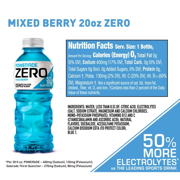 POWERADE Zero Sugar Mixed Berry Electrolyte Sports Drink Bottles,20 fl oz,8 Pack
