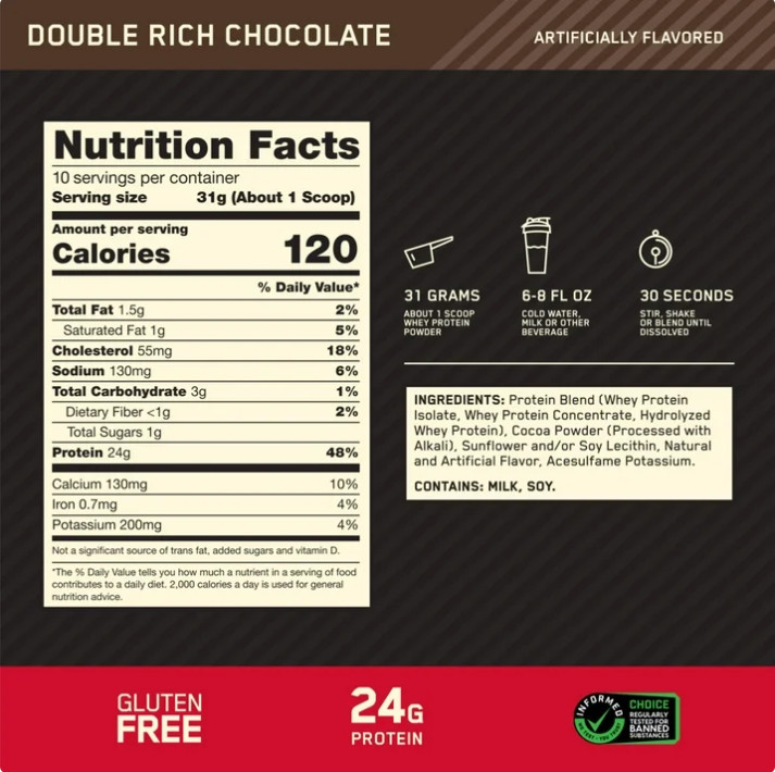 3 Pack Gold Standard 100% Whey Protein Powder, Double Rich Chocolate, 10 Serv Pk