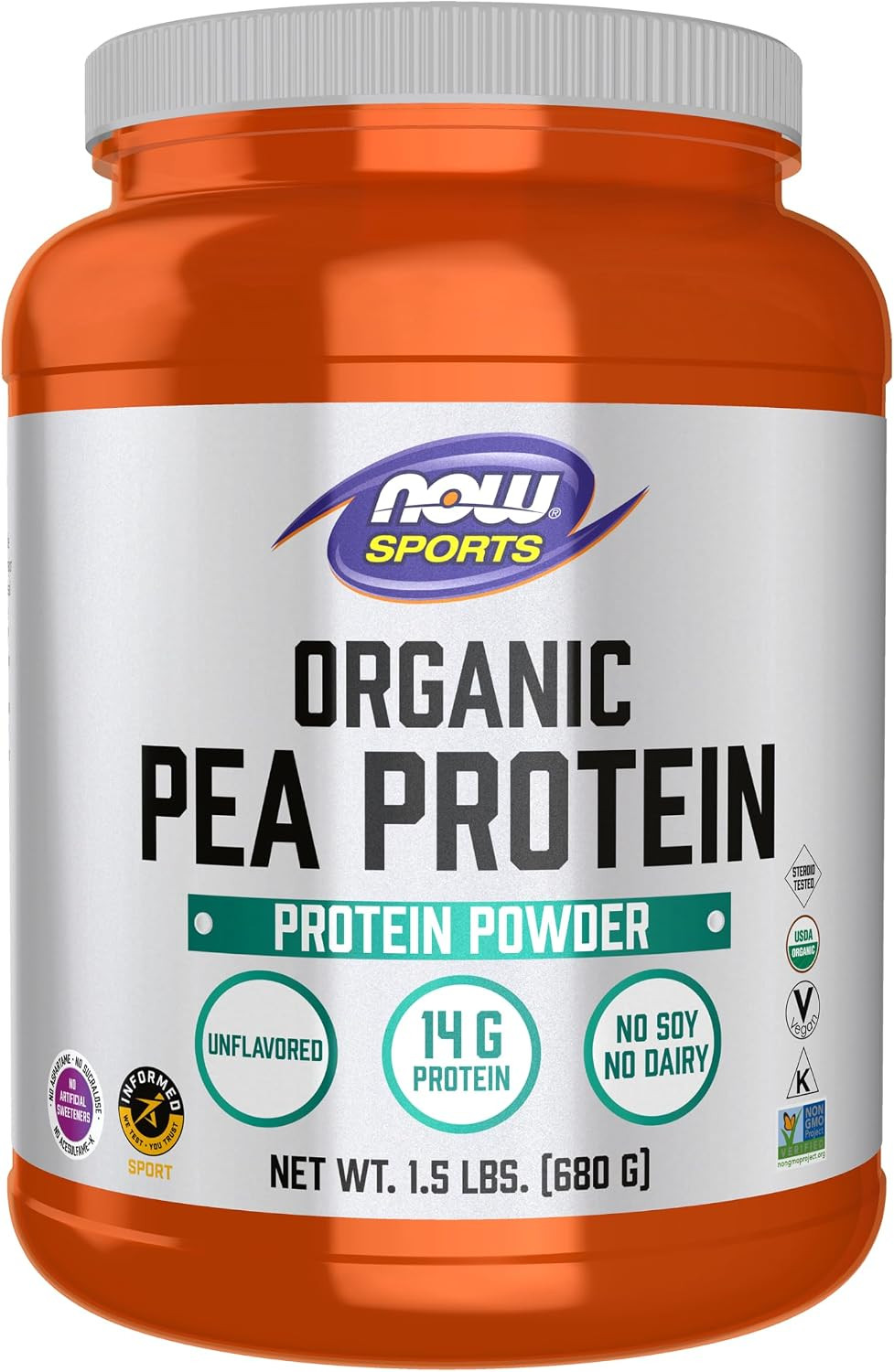 Sports Nutrition, Certified Organic Pea Protein 15 Grams, Unflavored Powder, 1.5