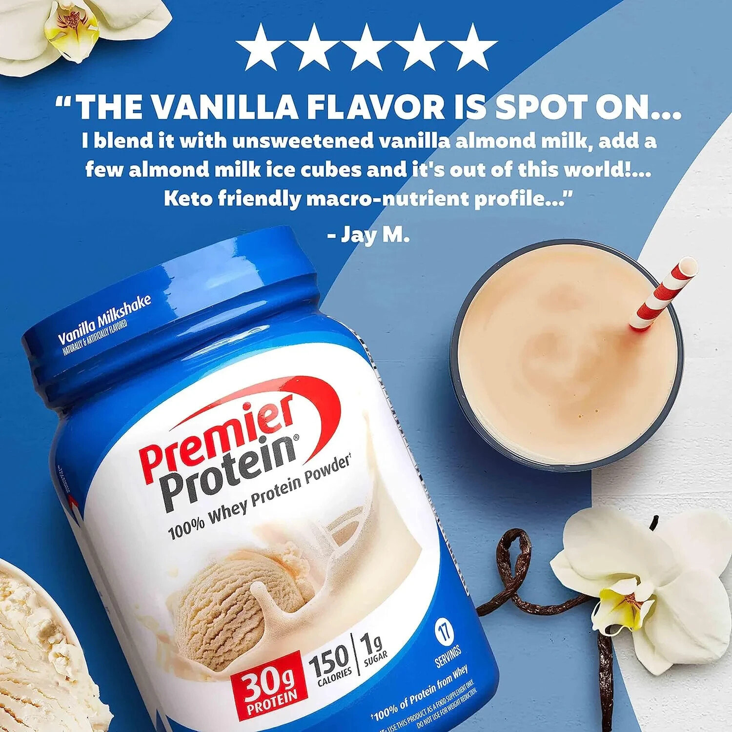 Premier Protein 100% Whey Protein Powder, Vanilla Milkshake, 30g Protein