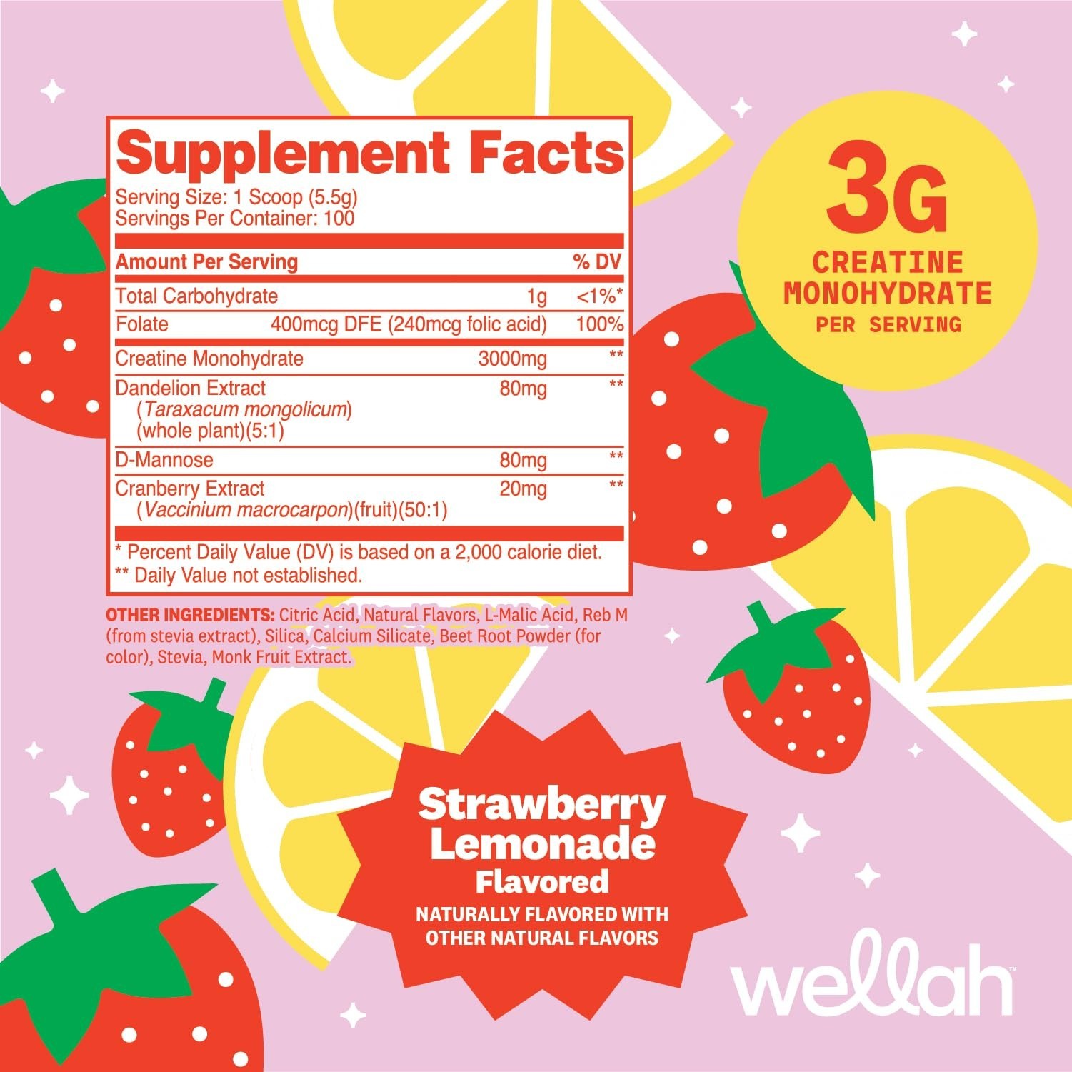 Creatine Monohydrate for Women – Strawberry Lemonade, 100 Servings, 3g/Serv, Dan