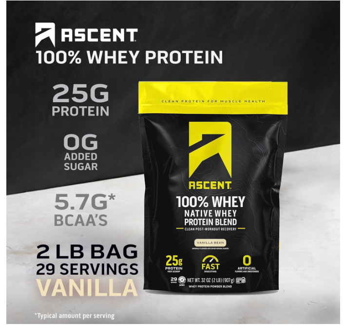 Ascent 100% Whey Protein Isolate Powder Vanilla Bean 2 lb Post Workout Protein