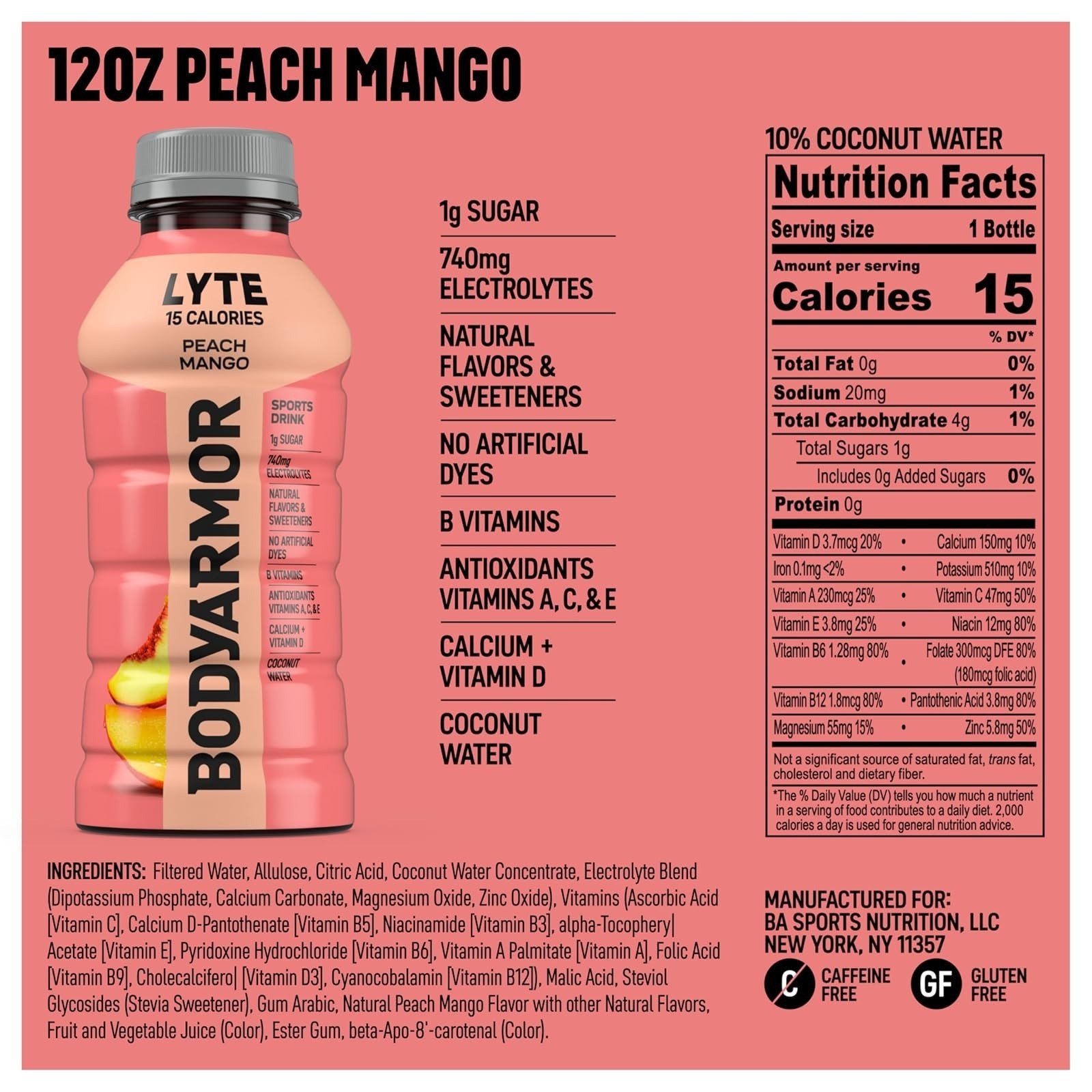 BODYARMOR Lyte Electrolyte Drink Peach Mango 12 Fl Oz (8 Pack)