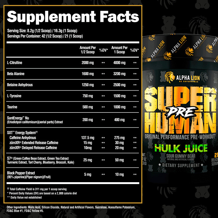 Alpha Lion Super Human PRE Original Pre-Workout 21 FULL Servings Hulk Juice NEW