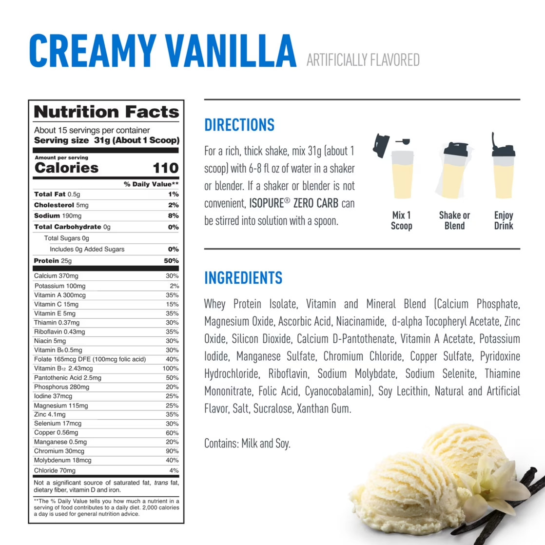 Isopure Zero Carb 100% Whey Protein Isolate Vanilla Protein Powder, 25g, 1 Lbs