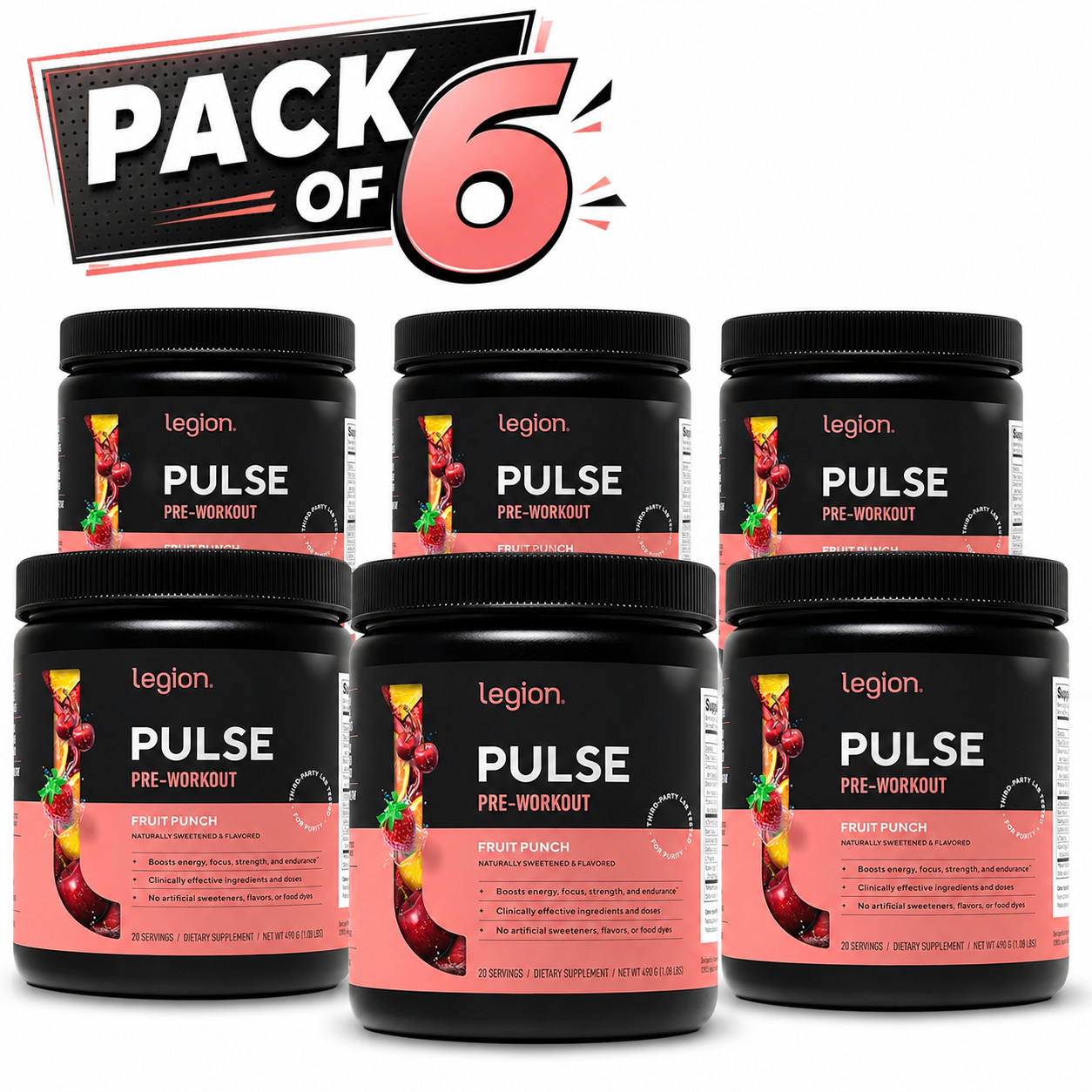 Legion Pre-Workout Drink – Fruit Punch 490 g/1.08 lbs (Pack of 6)