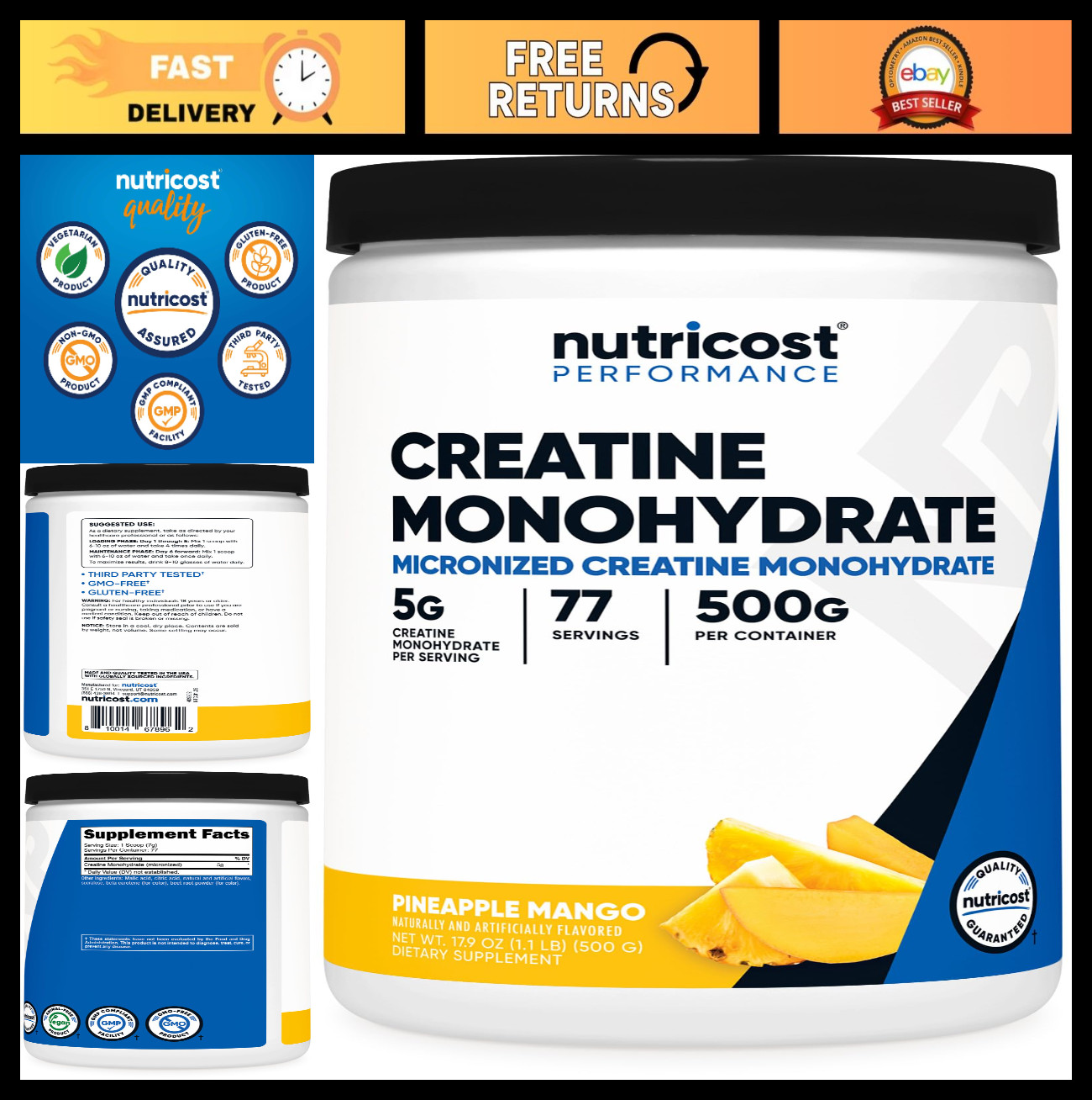 Creatine Monohydrate Powder – Pineapple Mango Flavor, 500g | Vegan, Gluten-Free,