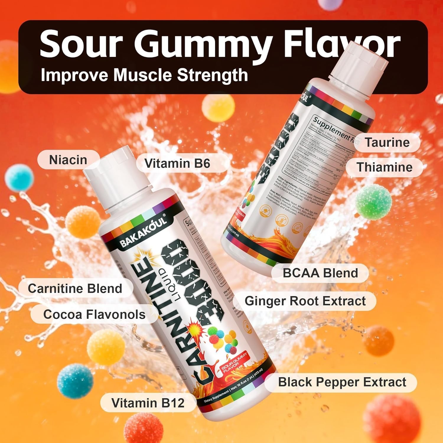 L Carnitine Supplement Liquid 3000 mg, with BCAA – Sour Gummy Flavor – 16 fl oz.