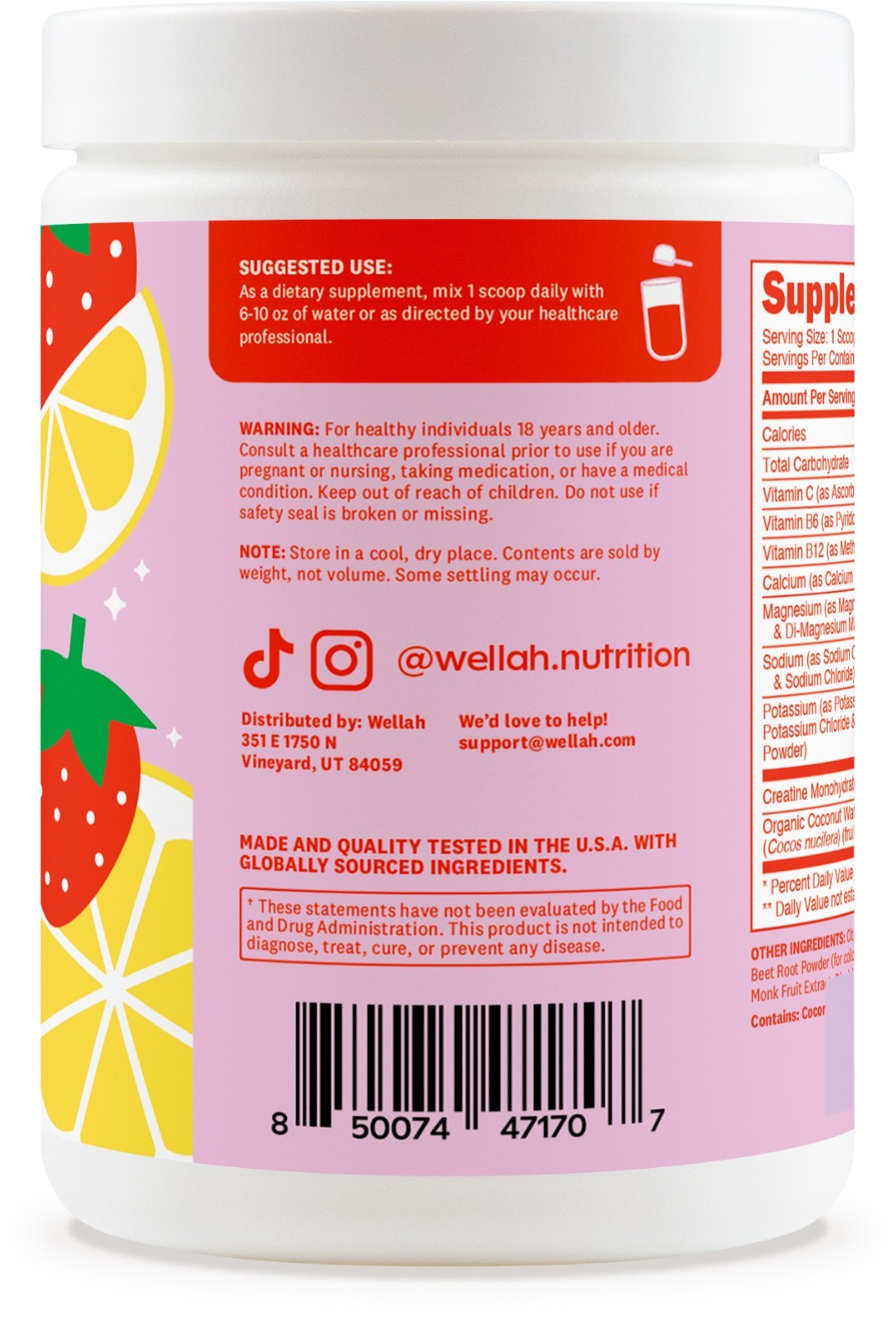 Wellah Creatine + Hydration Powder (Strawberry Lemonade) 30 Servings – Drink Mix