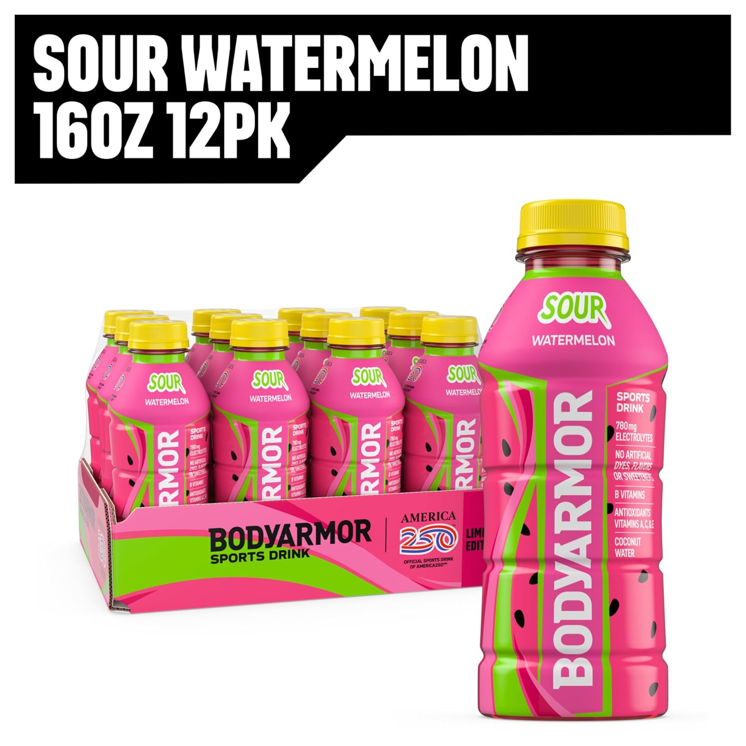 BODYARMOR Sports Drink, Sour Watermelon, 12-Pack of 16 Fl Oz Hydration Bottles