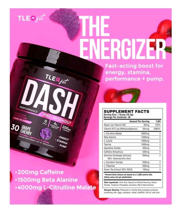Dash Pre Workout Performance Grape Cherry Energy Stamina Pump 30Servings. B6