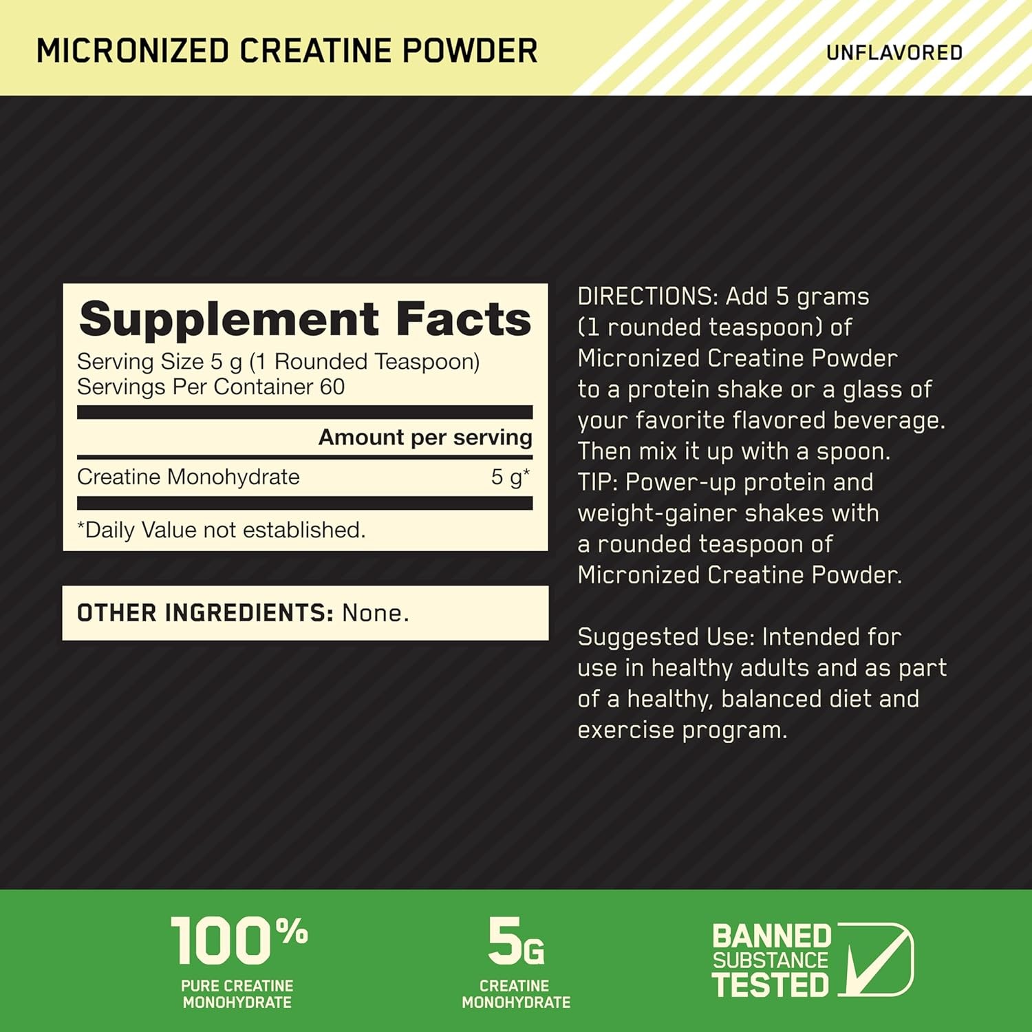Optimum Nutrition Creatine Monohydrate Powder, Unflavored, 300g 60 Servings