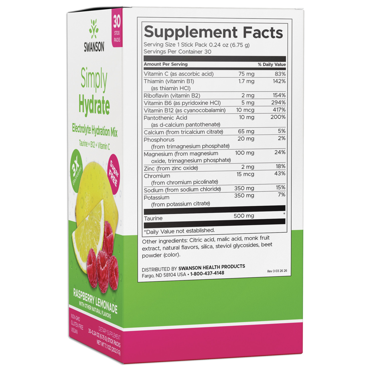 Swanson Simply Hydrate Electrolyte Hydration Mix – Raspberry Lemonade 30 Pkts