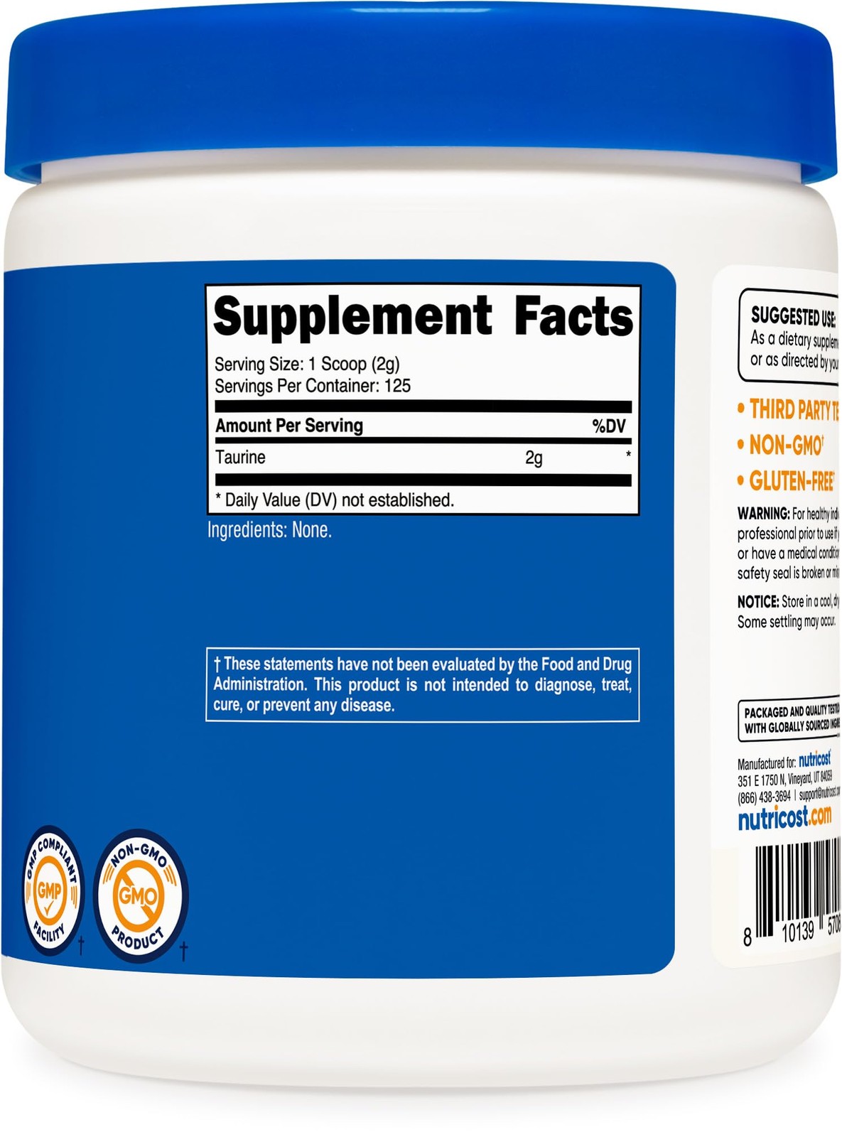 Nutricost Taurine Powder 250 Grams – 125 Servings, 250 Gram (Pack of 1)