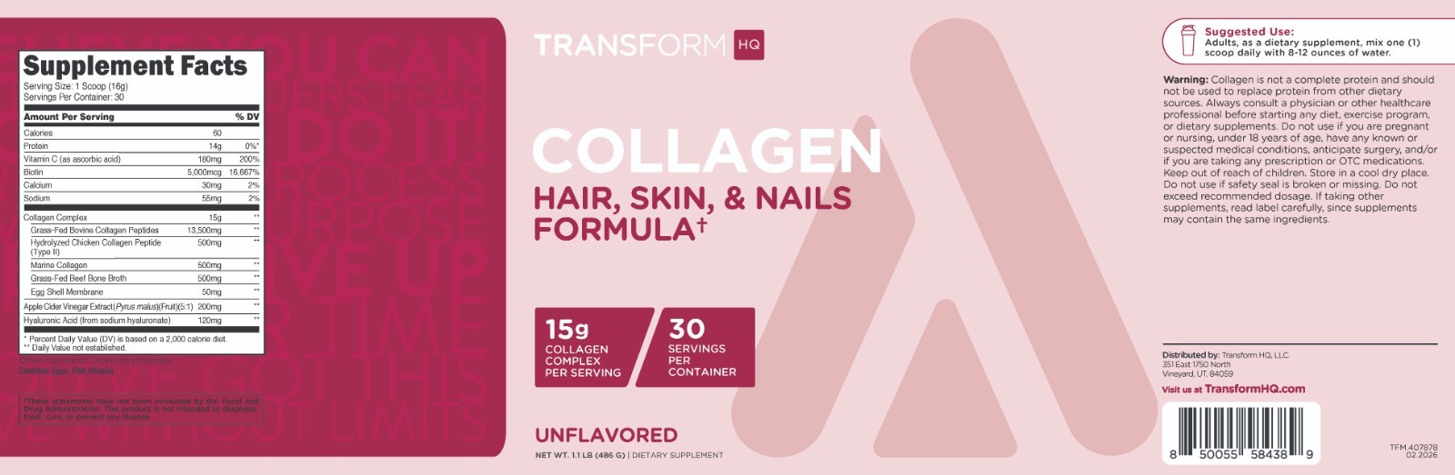 TransformHQ Beauty Collagen (30 Servings) Unflavored – Hair, Skin, & Nails