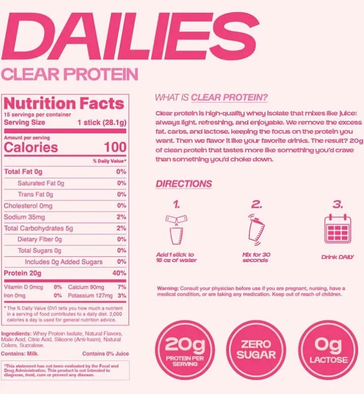 DAILIES Clear Whey Isolate Protein Powder Strawberry 20g Sugar Free NEW